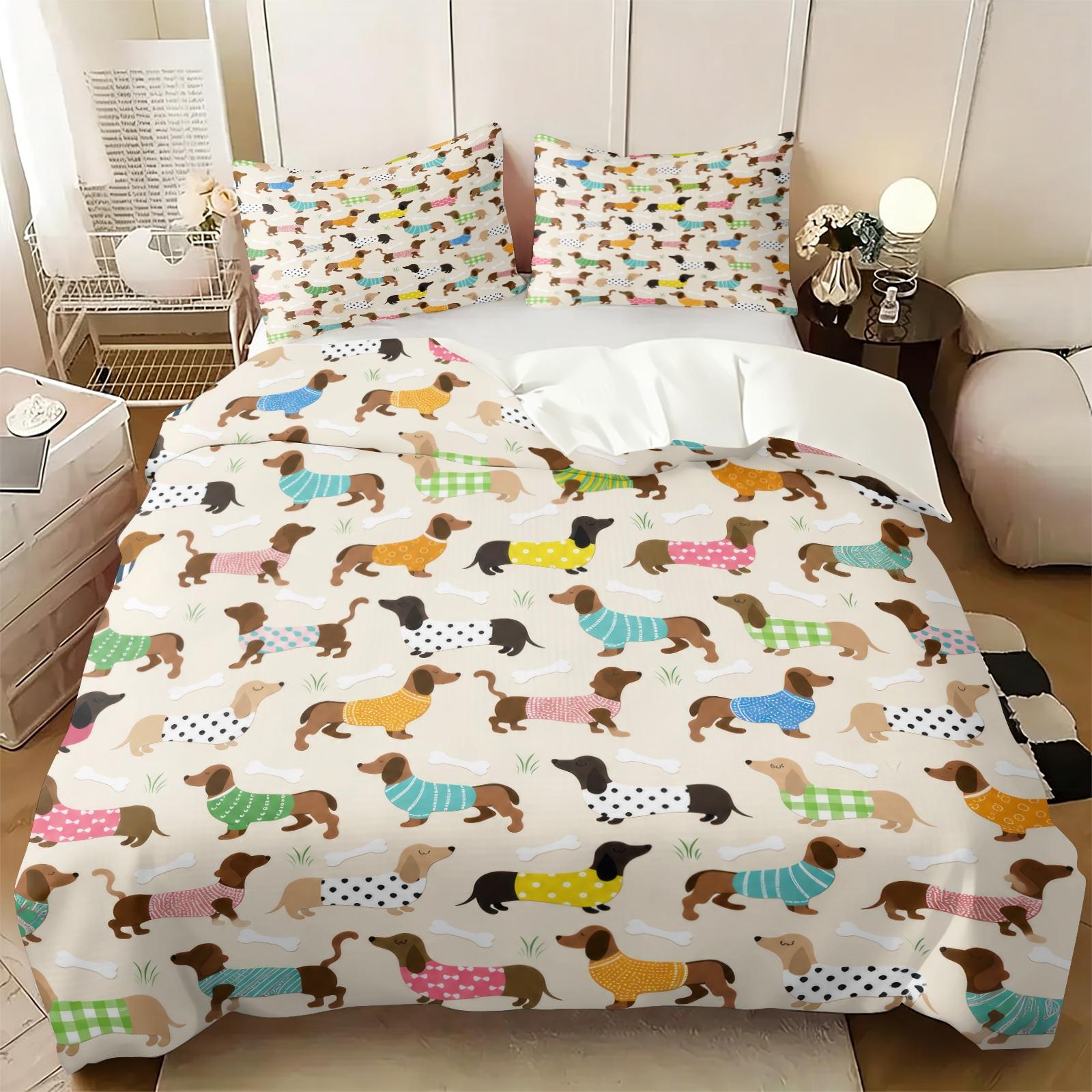 3PCS Cartoon Patchwork Dachshund Duvet Cover Set（1 Duvet Cover + 1-2 Coreless Pillowcases ), Vintage Geometric Floral Sausage Dog Pattern, Soft Comfy All Seasons Bedding Set,Ideal for Cute Pet Themed Bedroom Decor