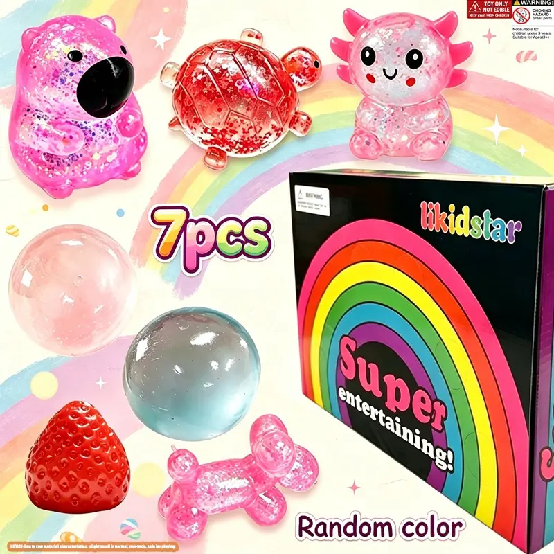 7PCS Flash Squeezing Stress Relieving Toy, Soft and Portable Sensory Toy, Turtle, Balloon Dog, Capibala, Coconut Oil Ball, Strawberry, Soft and Cute Toy, Ideal Birthday and Party Gift for Children and Adults to Relieve Anxiety