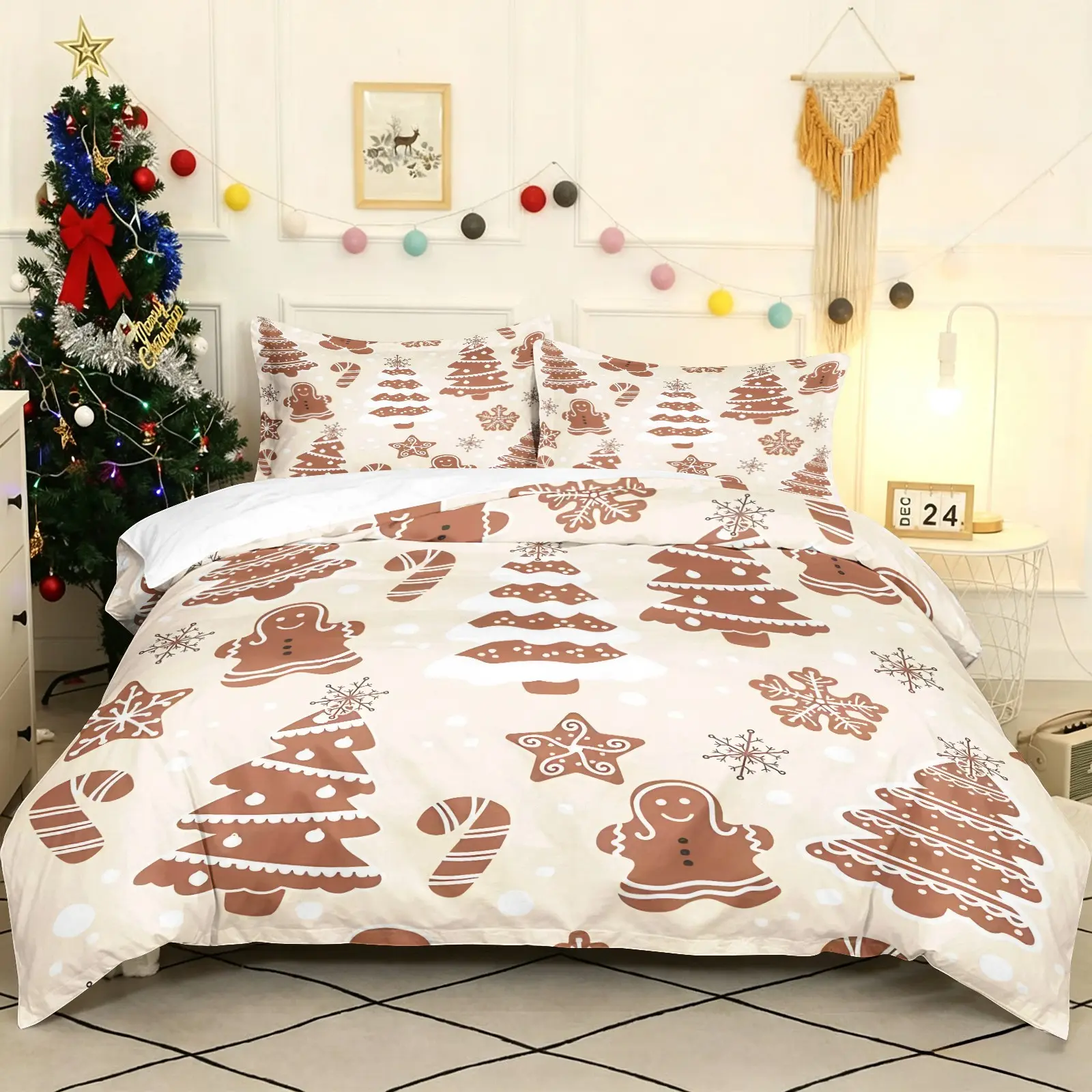 Gingerbread Man Print Christmas Bedding Set, 1 Duvet Cover + 1‑2 Pillowcases, Christmas Tree Candy Cane Snowflake Pattern Bedding Set, Soft Microfiber All Season, Festive Bedroom Decoration, Gift for Christmas Enthusiast