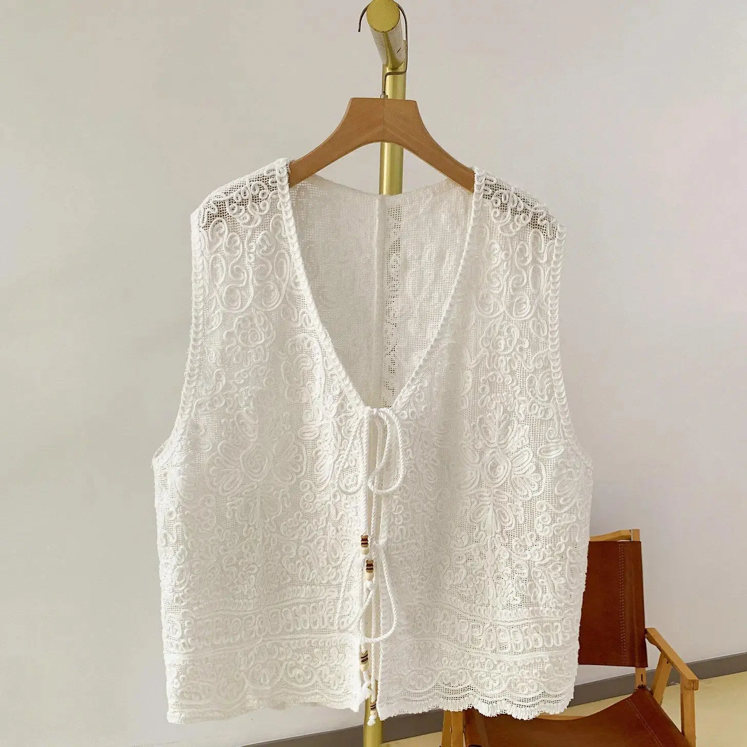 Tie Front Crochet Vest for Women Sleeveless Tie-up Open Stitch Knitted Waistcoat Jacket Beach Cover-up Summer Festival Boho Chic