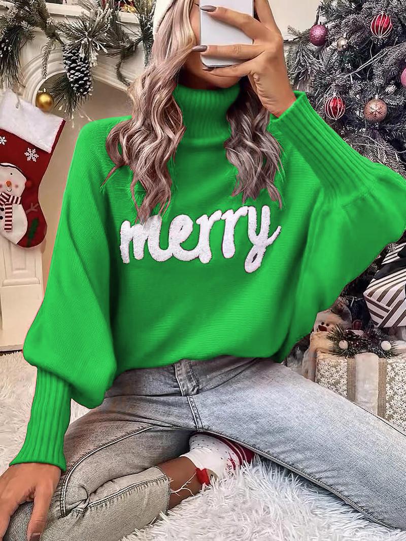 Women's Letter Pattern Batwing Sleeve Turtleneck Sweater, Casual Long Sleeve Jumper for Fall & Winter, Fashion Ladies' Knitwear for Daily Wear