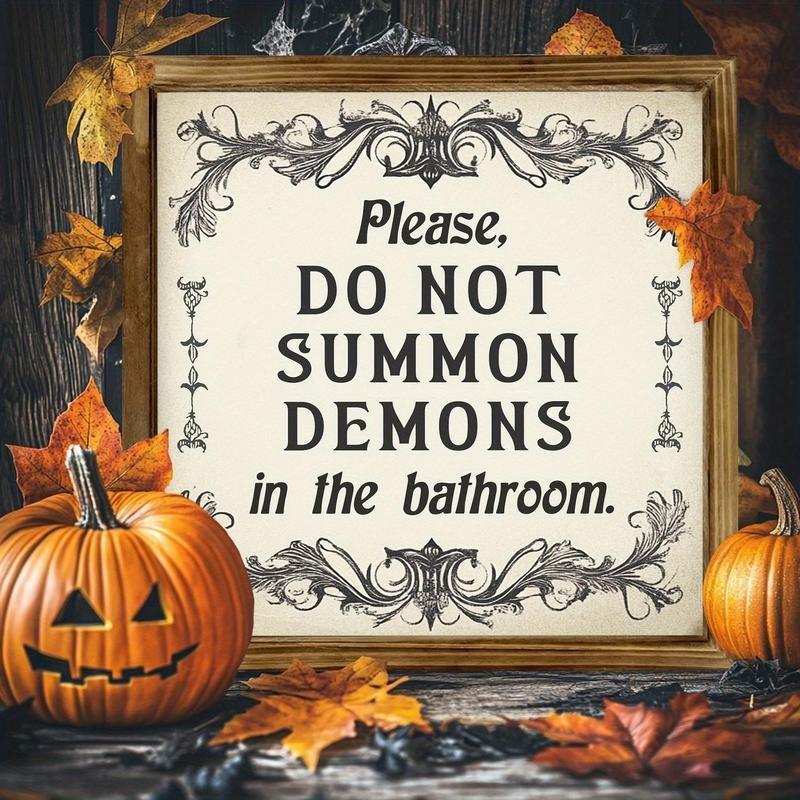 Funny Dark Humor Rustic Vintage Style Gothic Wooden Framed Sign, Please Do Not Summon Demons in the Bathroom, Halloween Year-Round Spooky Decor