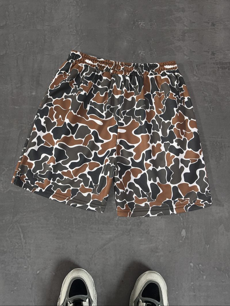 Men's Regular Fit Camo Print Drawstring Waist Beach Shorts, Camo Swim Trunks, Casual Comfy Breathable Swim Shorts for Summer, Men's Shorts for Beach Vacation