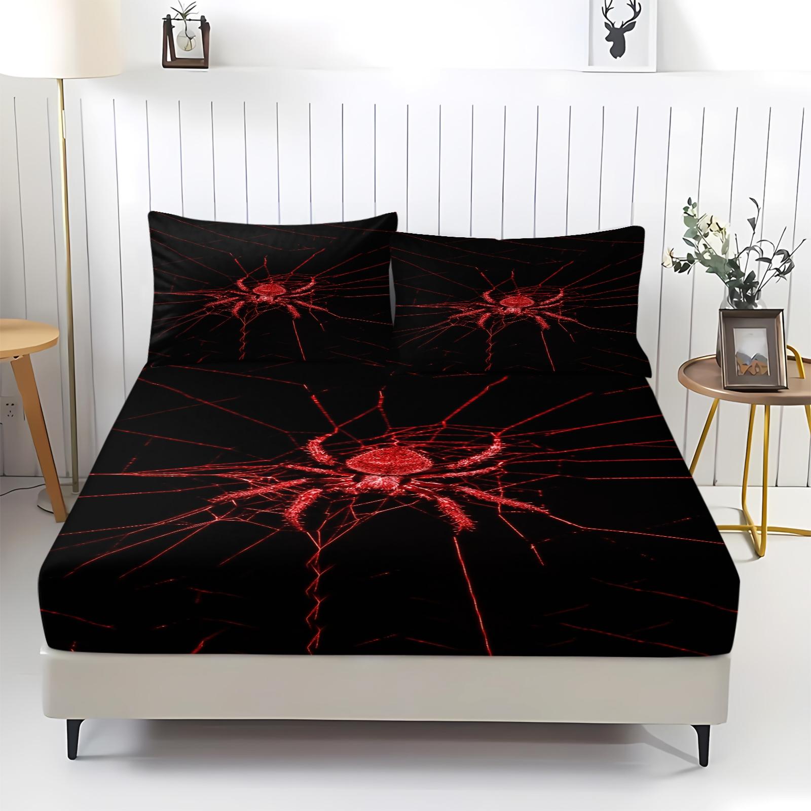 Spider Pattern Bedding Set (1 Fitted Sheet + 2 Pillowcases), Deep Pocket Fitted Sheet, Modern Home Essential Decorative Bedding