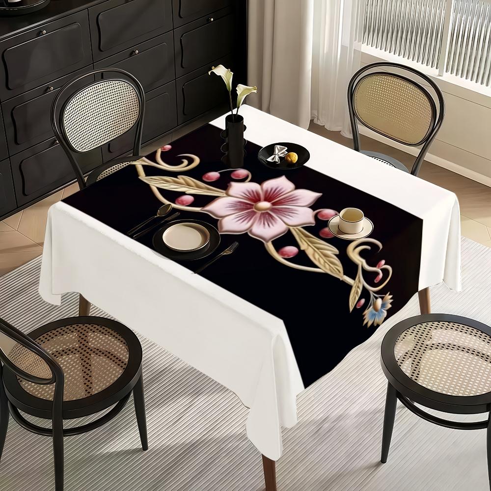 JIT 1pc 2D flat vintage black and white floral pattern rectangular tablecloth, for kitchen, living room, and dining table, kitchen accessory, party, room & outdoor decorative tablecloth, a tablecloth gift for friends