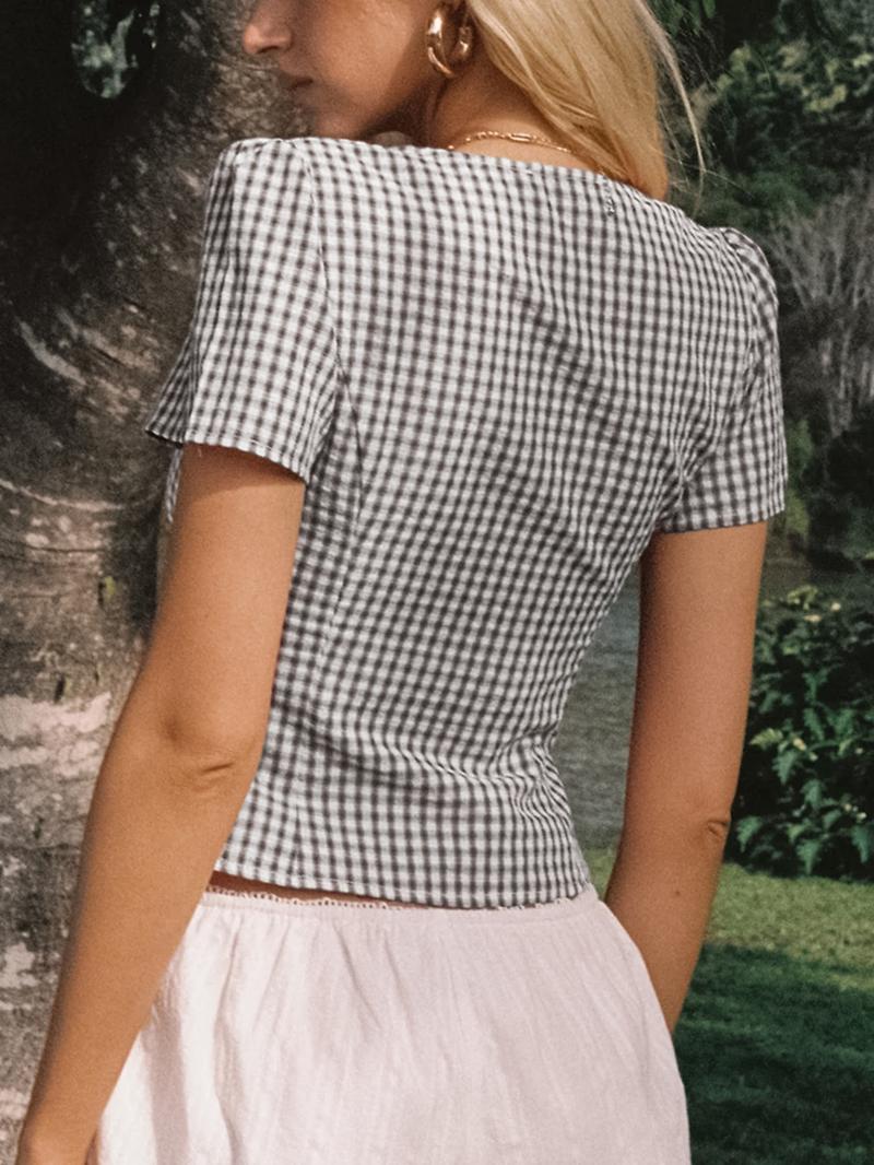 Women's Plaid Print V Neck Short Sleeve Blouse, Casual Curved Hem Top for Summer, Fashion Women's Top for Daily Wear, Casual Classy Top