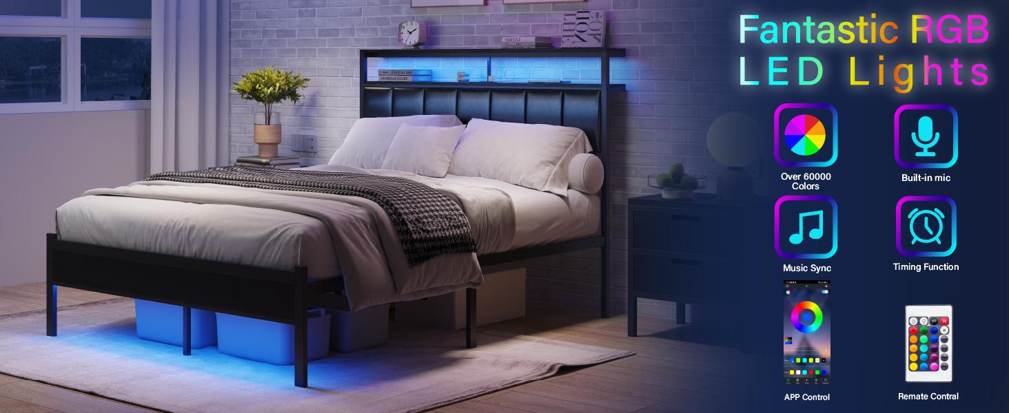 Queen Size Bed Frame with Charging Station and LED Lights,  Black Upholstered Headboard with 2-Tier Storage Shelves,Metal Bed Frame with Headboard, No Box Spring Needed, Easy Assembly, Black