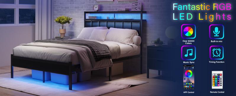 Queen Size Bed Frame with Charging Station and LED Lights,  Black Upholstered Headboard with 2-Tier Storage Shelves,Metal Bed Frame with Headboard, No Box Spring Needed, Easy Assembly, Black
