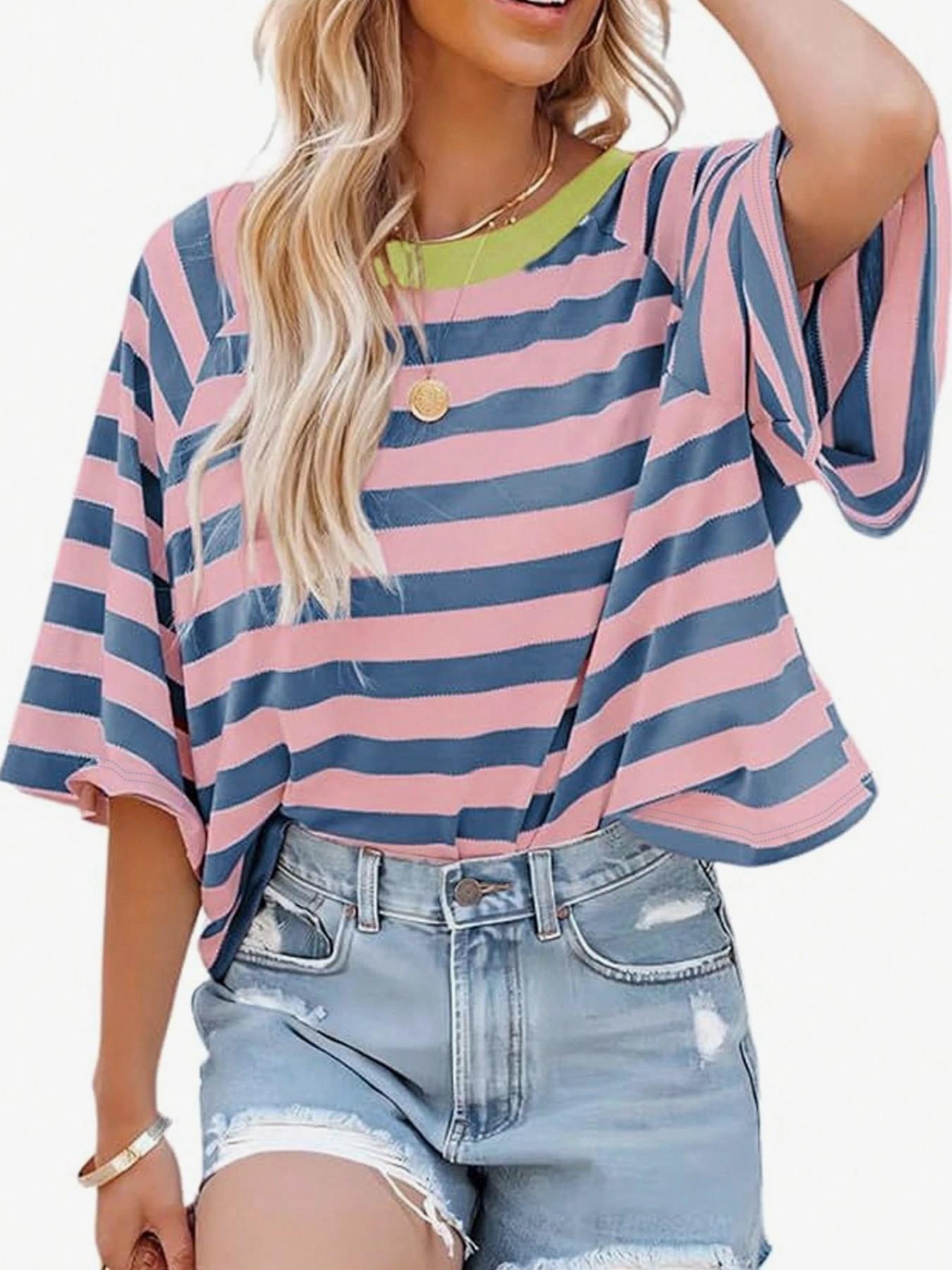 1 Piece Casual Minimalist Striped Pattern Round Neck Short Sleeve Loose Women's T-Shirt, Suitable For Summer, Oversized T Shirt