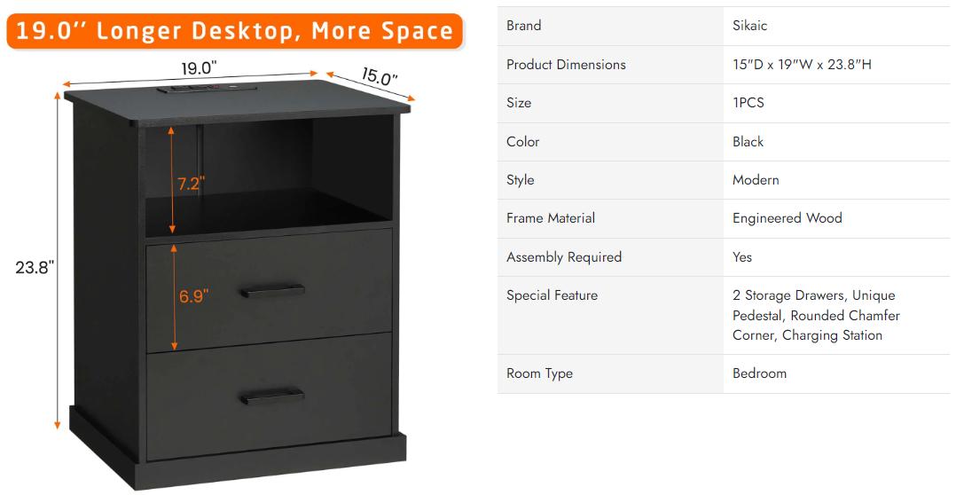 Sikaic Nightstand With Charging Station 2 Storage Drawer And Open Cubby Smart Nightstand Furniture Table