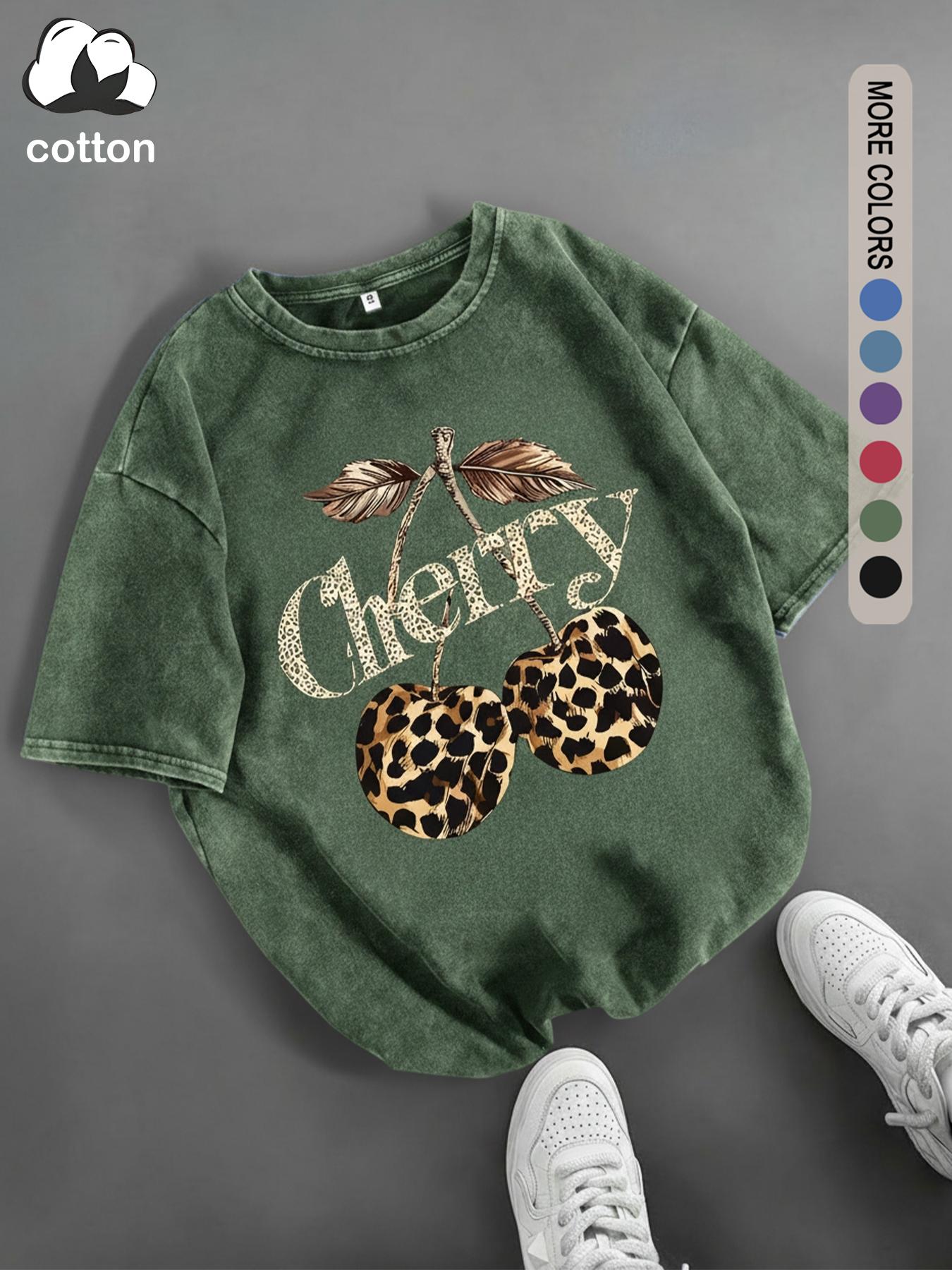 Women's Cherry & Leopard Print Round Neck Tee, Vintage Trendy Casual Short Sleeve T-shirt for Daily Wear, Ladies Summer, Top