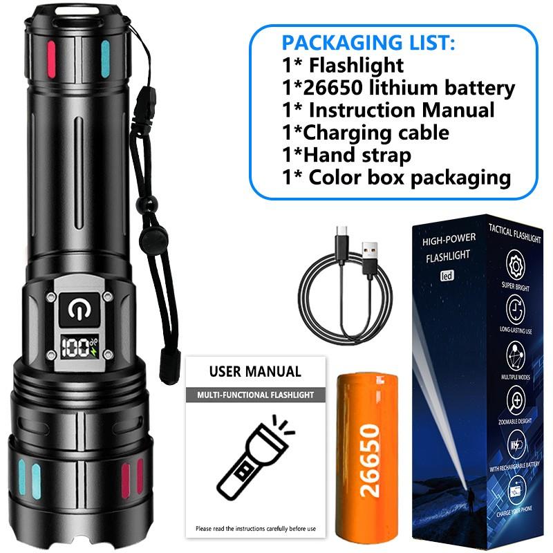 Aluminum Alloy Rechargeable Flashlight, Portable Display Multifunctional 30w Extendable Camping Fishing Night Riding Torch