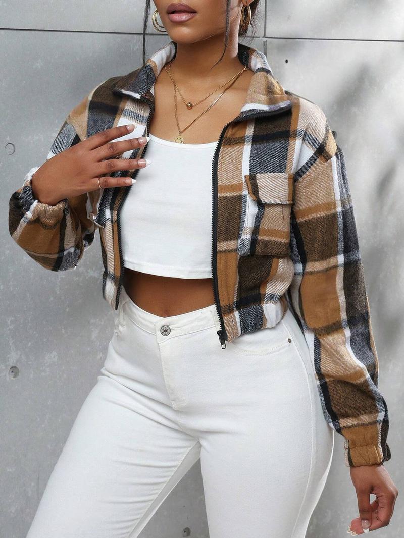 Women's Fall Winter Plaid Button-Front Pocket Jacket, Casual Fitted Long Sleeve Woven Outerwear