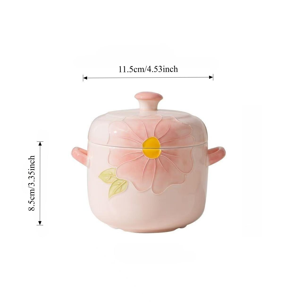 Cherry Blossom Pattern Ceramic Covered Steamer Pot, Food Steamer, 600ML Capacity, Elegant Dual Lid Soup Bowl, Ideal Gift for Kitchen and Restaurants