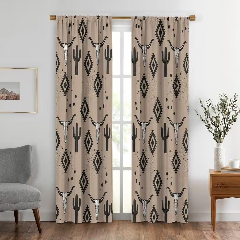 2 pieces of high-definition digital southwestern style ox skull, cactus, and geometric pattern printed curtains. Made of polyester, semi-transparent material, machine washable, suitable for bedrooms, living rooms, and home decoration curtains.