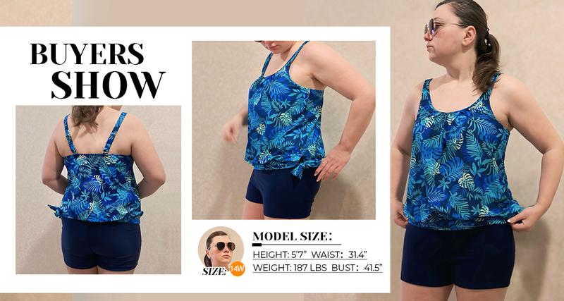 Holipick Black Plus Size Swimsuit for Women Two Piece Tankini Set Tummy Control Bathing Suits Blouson Tankini Top with Boy Shorts