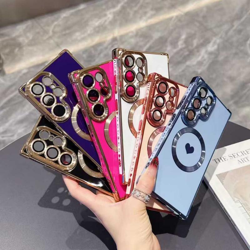 For S26 Ultra S25 Ultra S24 Ultra - Heart Silicone Square Case with Built-in Lens Protector, Magnetic Electroplated Shockproof Soft Cover, Stylish Design Perfect  for Girls Women, Protects from Scratches and Drops special christmas