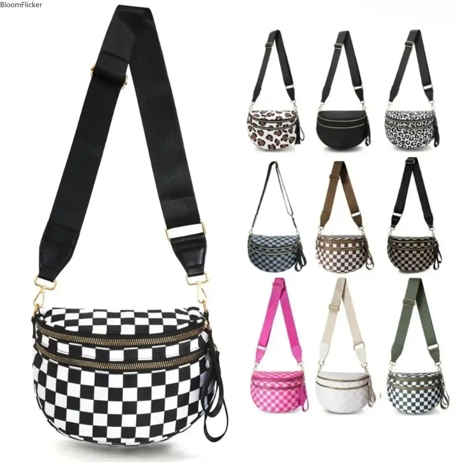 Black and White Checkered Nylon Bum Bag - Plus Size Friendly, Spacious for Essentials, Multiple Colors, Sports & Outdoor Crossbody Belt Bag Ideal Gift