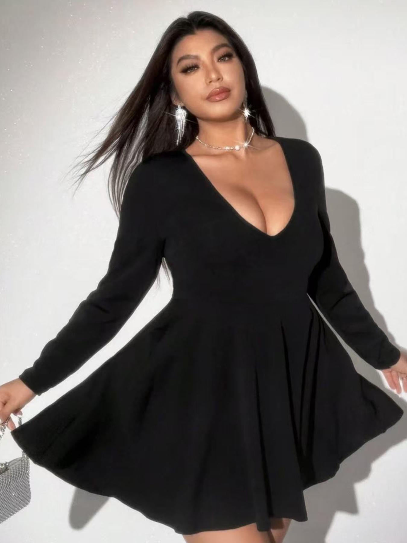 Women's Plus Size 1-Piece Women's Black Deep V-Neck Long Sleeve Dress, Trendy Party Style Dress with Flared Silhouette, Flattering Fit, Suitable for Nightclubs, Date Nights & Gatherings - TikTok Shop Women's Plus Size 1-Piece Women's Black Deep V-Neck Long Sleeve Dress, Trendy Party Style Dress with Flared Silhouette, Flattering Fit, Suitable for Nightclubs, Date Nights & Gatherings - TikTok Shop