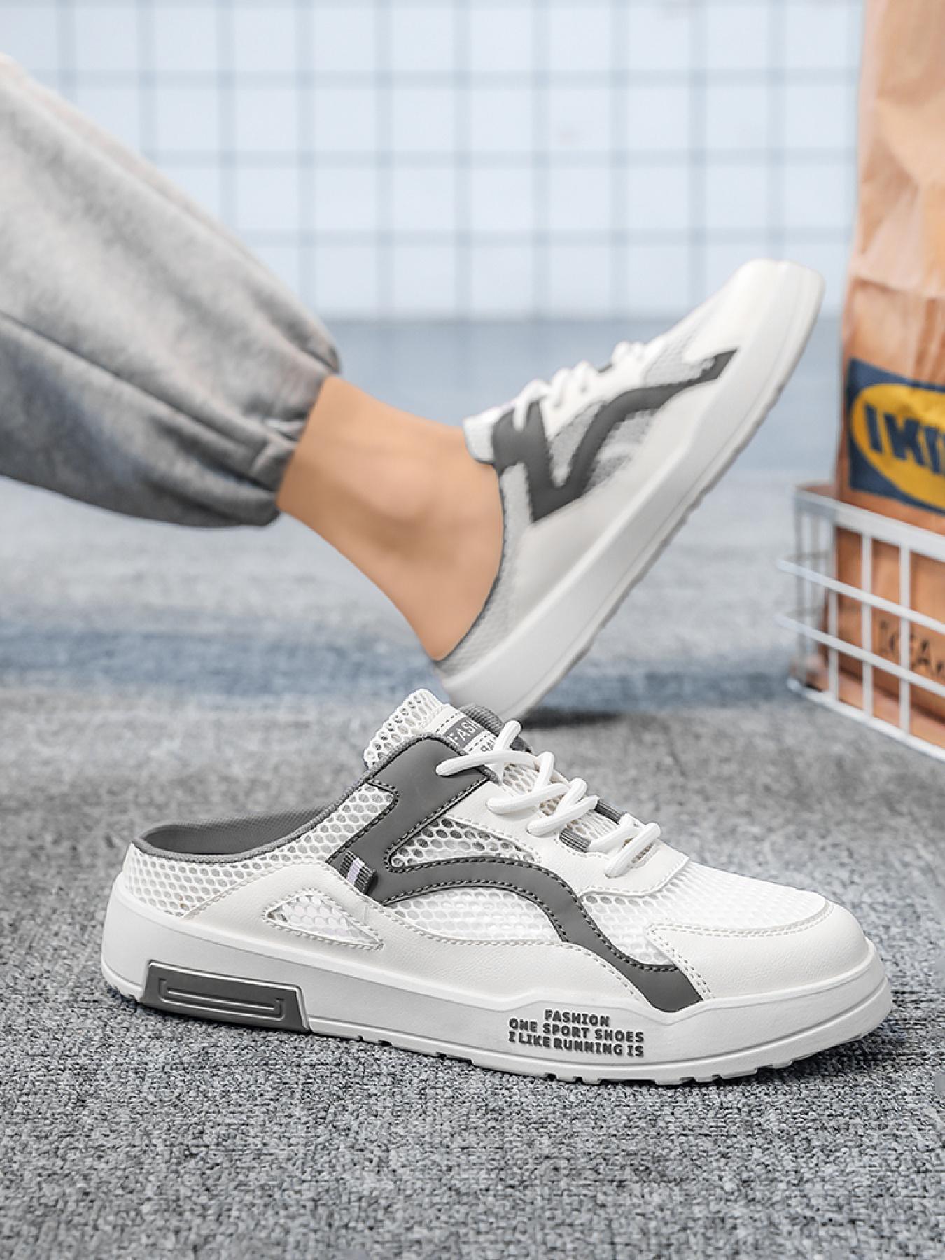 1 Pair Men's Large Size Mesh Mule Sneakers, Breathable Hollow Mesh Fabric, Anti-Slip Wear-Resistant Outsole, Heelless Lazy Shoes, Summer Outdoor Slippers