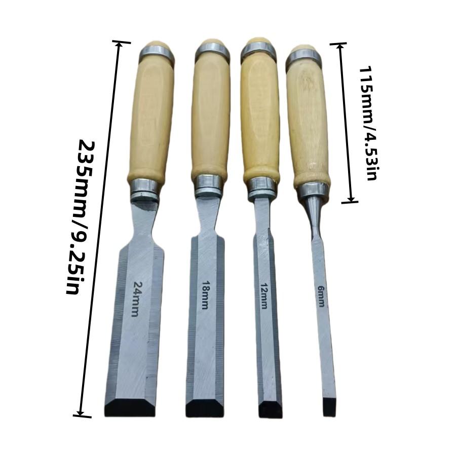 4-Piece Wood Chisel Set, High Carbon Steel with Birch Handle, 6/12/18/24mm, Ideal for Carving and Cutting, DIY and Professional Use