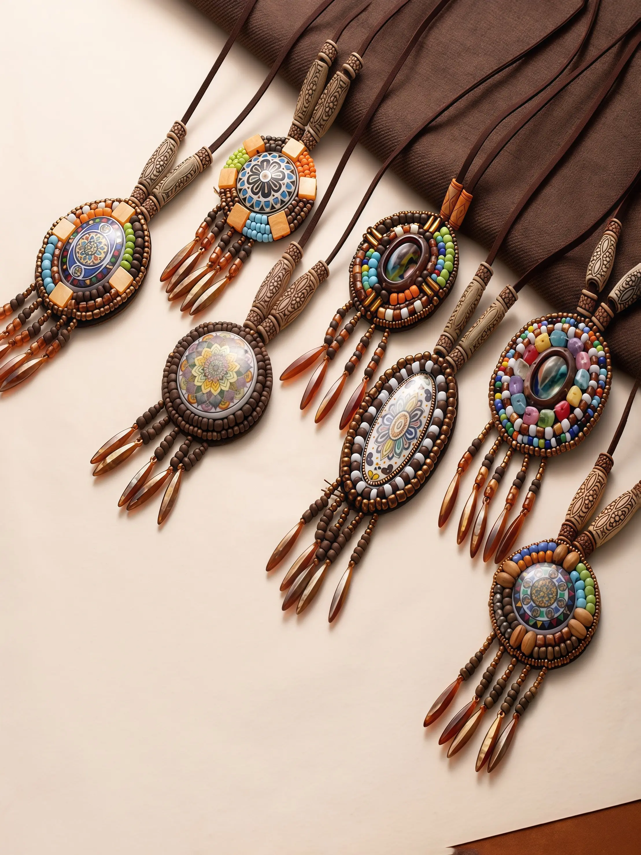 Handmade Bohemian Leather Necklace, Ethnic Tribal Multicolor Beaded Pendant with Fringe, Crafted Jewelry for Women, Perfect Gift