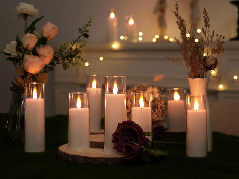 Pure White Flameless Candles, Battery Operated Candles, Acrylic Flickering LED Pillar Candles with Remote Control and Timer, 3D Wick, Yellow and Blue Glow, D2.2 xH5 6" 7", Set of 9