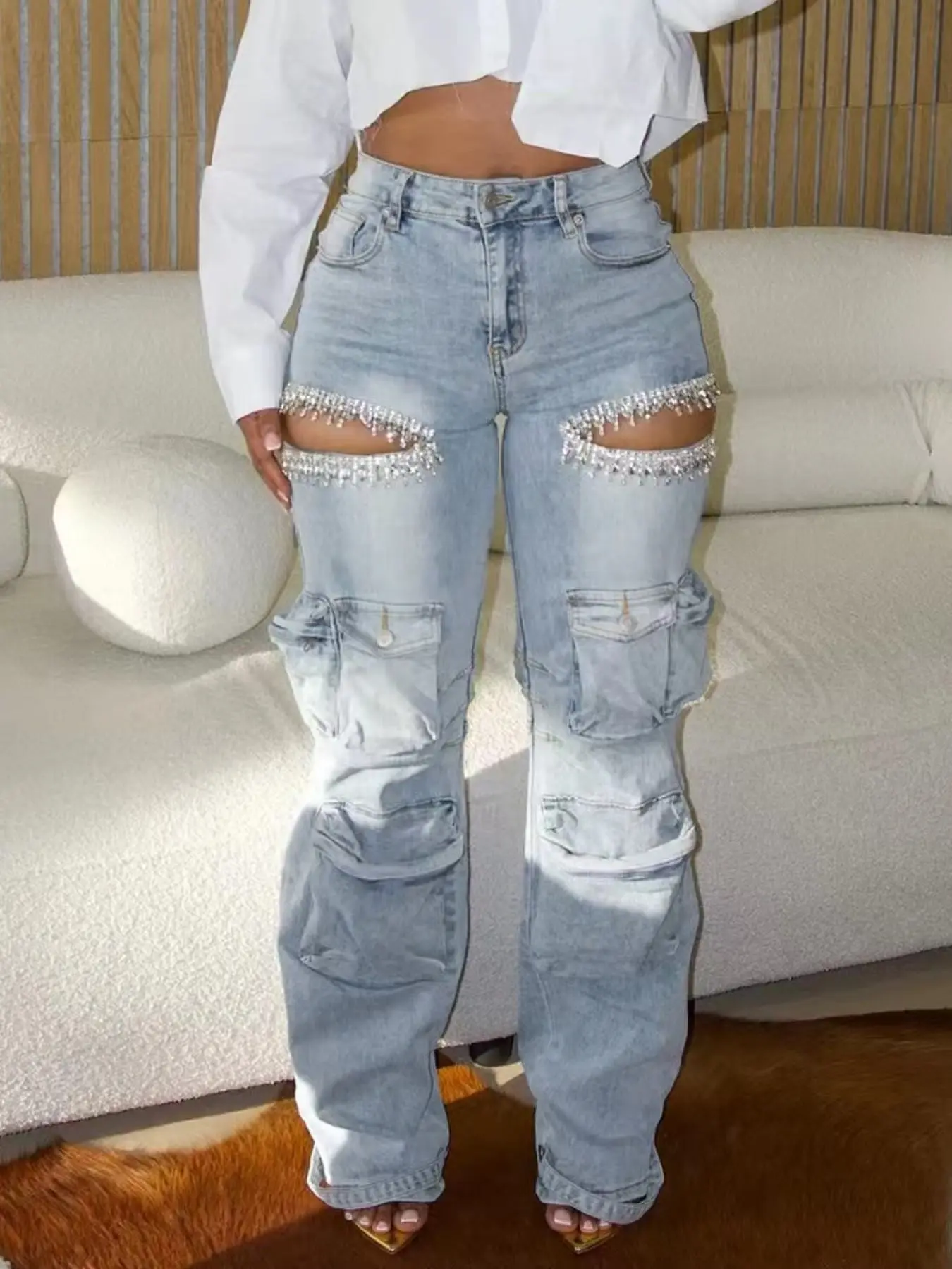 Women's Fashion Jeans D8715, Four Seasons Wearable Design, Multi-Pocket & Open Cut Out Detailing, Handcrafted Embellished Washed Denim Pants Trouser