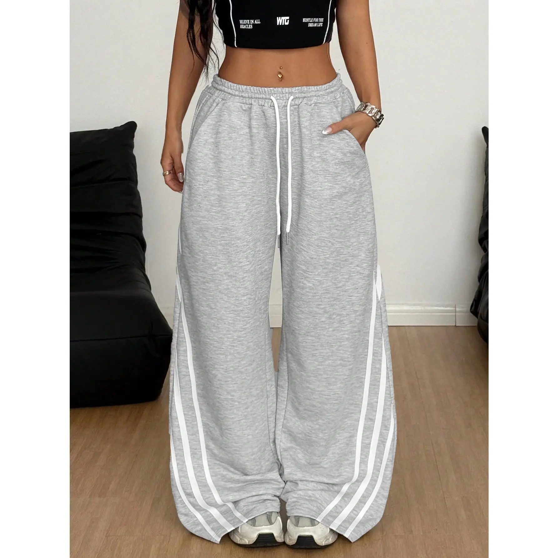 Women's Spring Summer Couple Costumes Game Day Going Out Preppy Contrast Color Webbing Sweatpants, Rave Festival