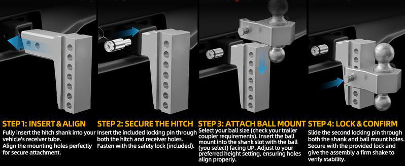 LOCAME Adjustable Trailer Hitch, Fits 2.5-Inch Receiver Only, 10-Inch Drop/Rise Aluminum Drop Hitch,18,500 LBS GTW-Tow Hitch for Heavy Duty Truck with Double Stainless Steel Locks, Silver, LC0009