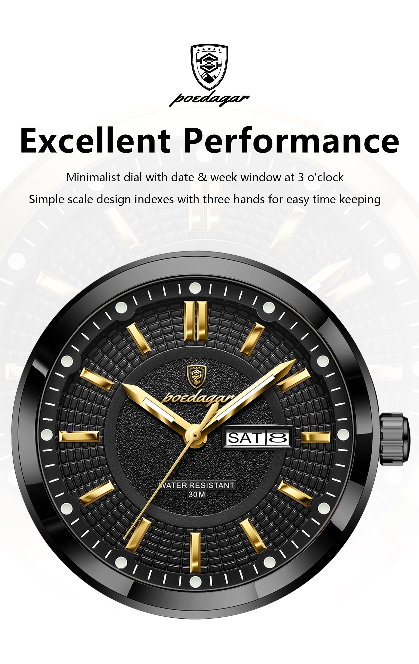 Poedagar Top Business Men's Watches, Stainless Steel Waterproof Luminous Man Watch, Date Week Display, Casual Fashion Quartz Wristwatch, Casual Trendy Wristwatch, Stylish Watch