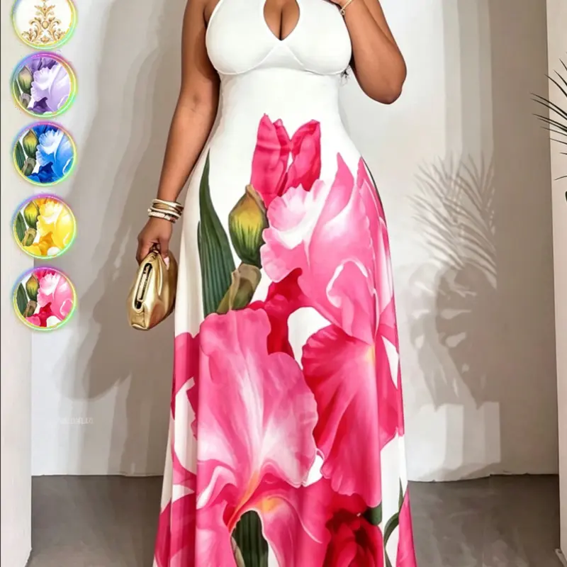 Plus Size Floral Print Halter Backless Dress, Sexy Waist Cinch Long Dress, Vacation Party Holiday Date Elastic Thin Summer Dress