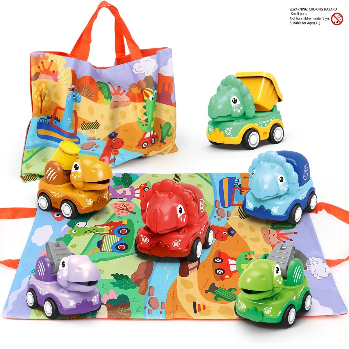 Dinosaur Design Inertia Car Toy, 6 Counts/set Friction Power Engineering Vehicle Toy with 2 in 1 Game Mat Storage Bag, Birthday Gift for Children