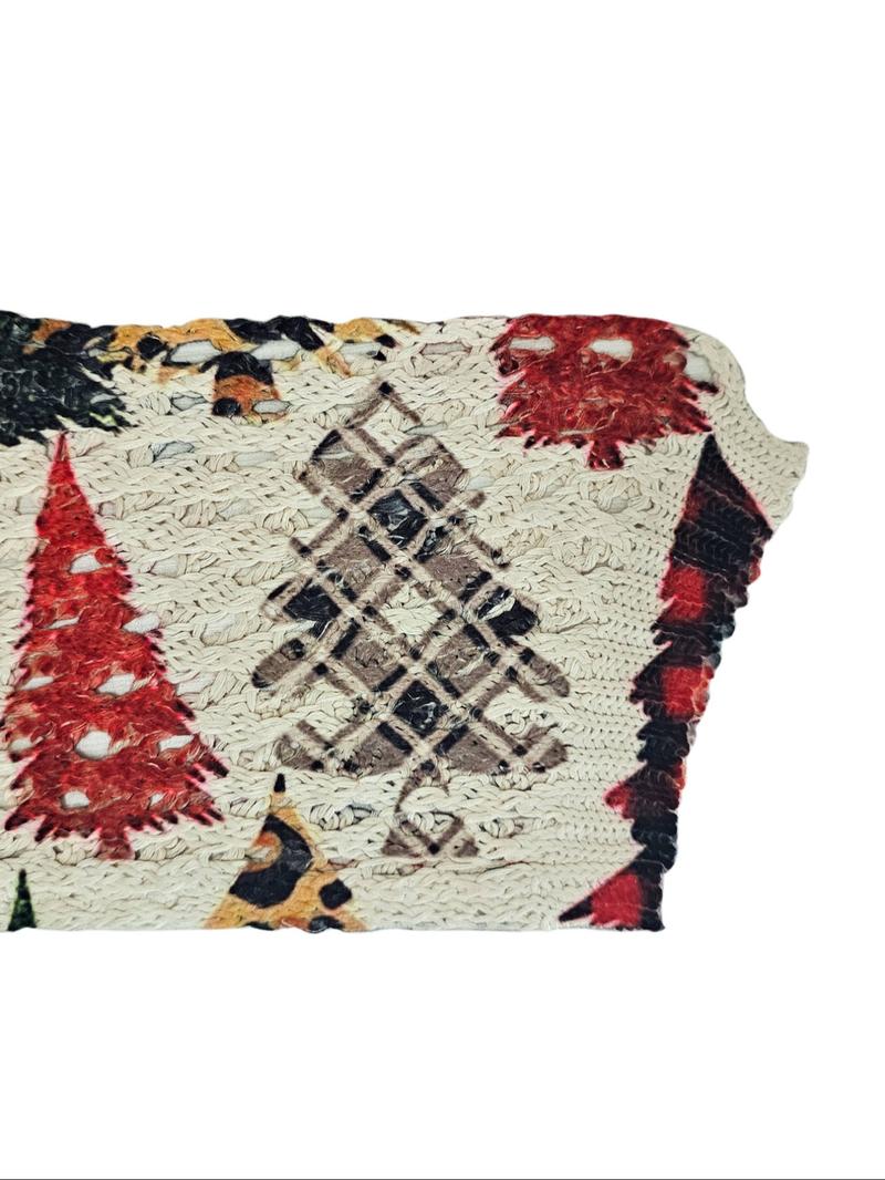 Women's Christmas Tree Print Knit Top, Long Sleeve V Neck Hollow Out Design, Casual Elegant Holiday Wear, Ladies Sweater Vest, Knitwear