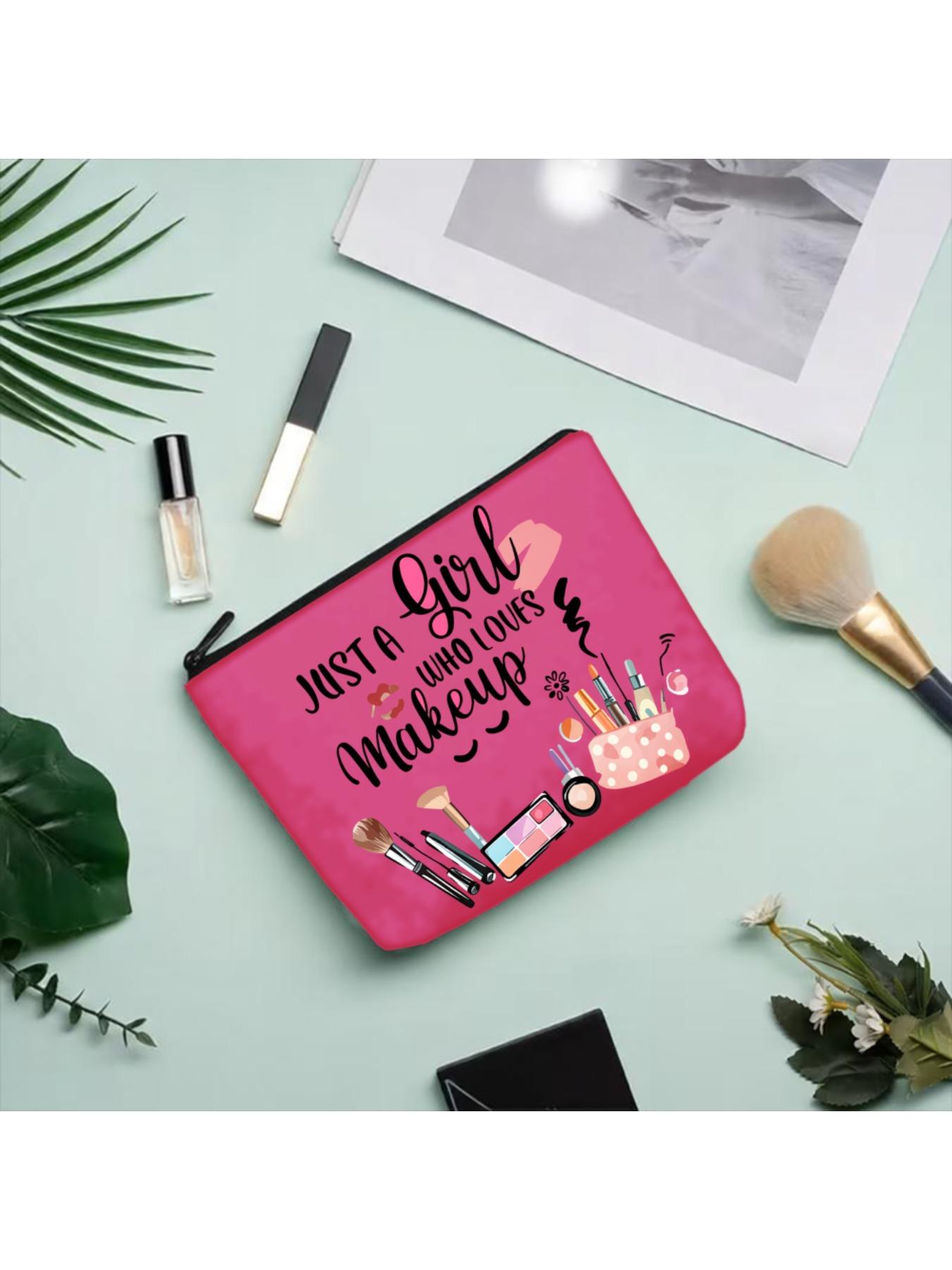 1pc Makeup Bag Pink Cosmetic Pouch With Just A Girl Who Loves Makeup Print And Makeup Tools Design For Travel Beauty Storage And Daily Use Perfect For Carrying Makeup Brushes Skincare Products And Personal Care Items Ideal For Traveling Gym