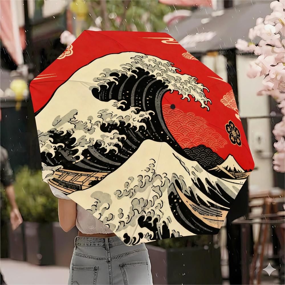Floating World Wave Automatic Umbrella, Lightweight Retractable Travel Umbrella, Japanese Inspired Design, Windproof 8 Ribs, Unisex