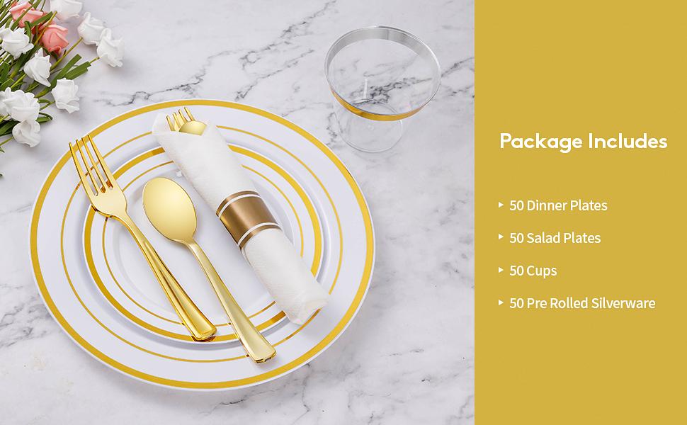 GOODLUCK 350PCS Gold Disposable Dinnerware Set for 50 Guests Includes 50 Plates Napkins Silverware & Cups Perfect for Weddings Parties Christmas & Baby Showers