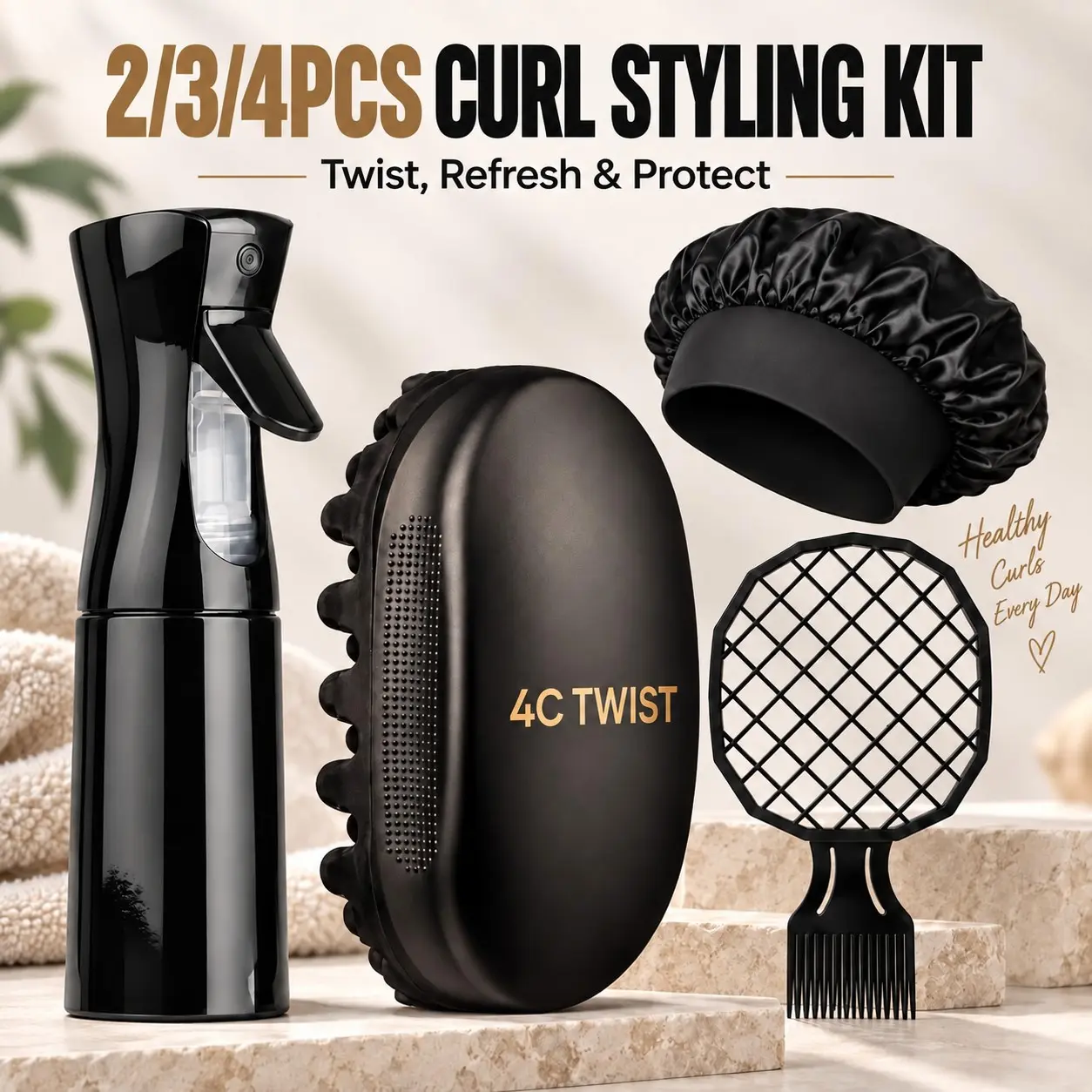 2/34-Piece Unisex Curling & Styling Set: Includes a twist comb for 4C hair, a continuous spray bottle, a sleep bonnet, and a hair pick. Suitable for defining curls, caring for coily hair, detangling, adding volume, daily styling, and refreshing hairstyles
