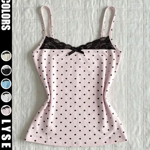 Summer Soft Polka Dot Lace Spaghetti Strap Fitted Camisole Shirt, Girlish Cute Bow Tie Slim Fit Short Sleeve Innerwear, Trendy Women's Clothing, Womenswear, Camisole Tank Tops, Strappy Camisole