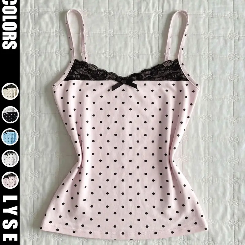 Summer Soft Polka Dot Lace Spaghetti Strap Fitted Camisole Shirt, Girlish Cute Bow Tie Slim Fit Short Sleeve Innerwear, Trendy Women's Clothing, Womenswear, Camisole Tank Tops, Strappy Camisole