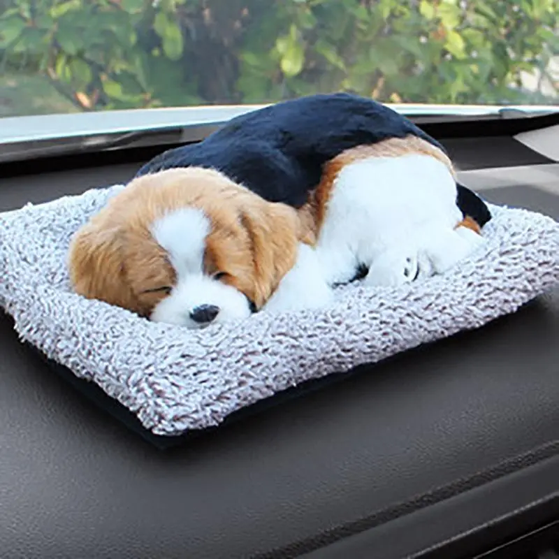 Cute Sleeping Beagle Puppy Car Ornament with Odor Absorbing Charcoal Mat Lifelike Simulation Plush Dog Dashboard Decor Home Office Tabletop Pet Figurine, Handmade, Beagle Hound
