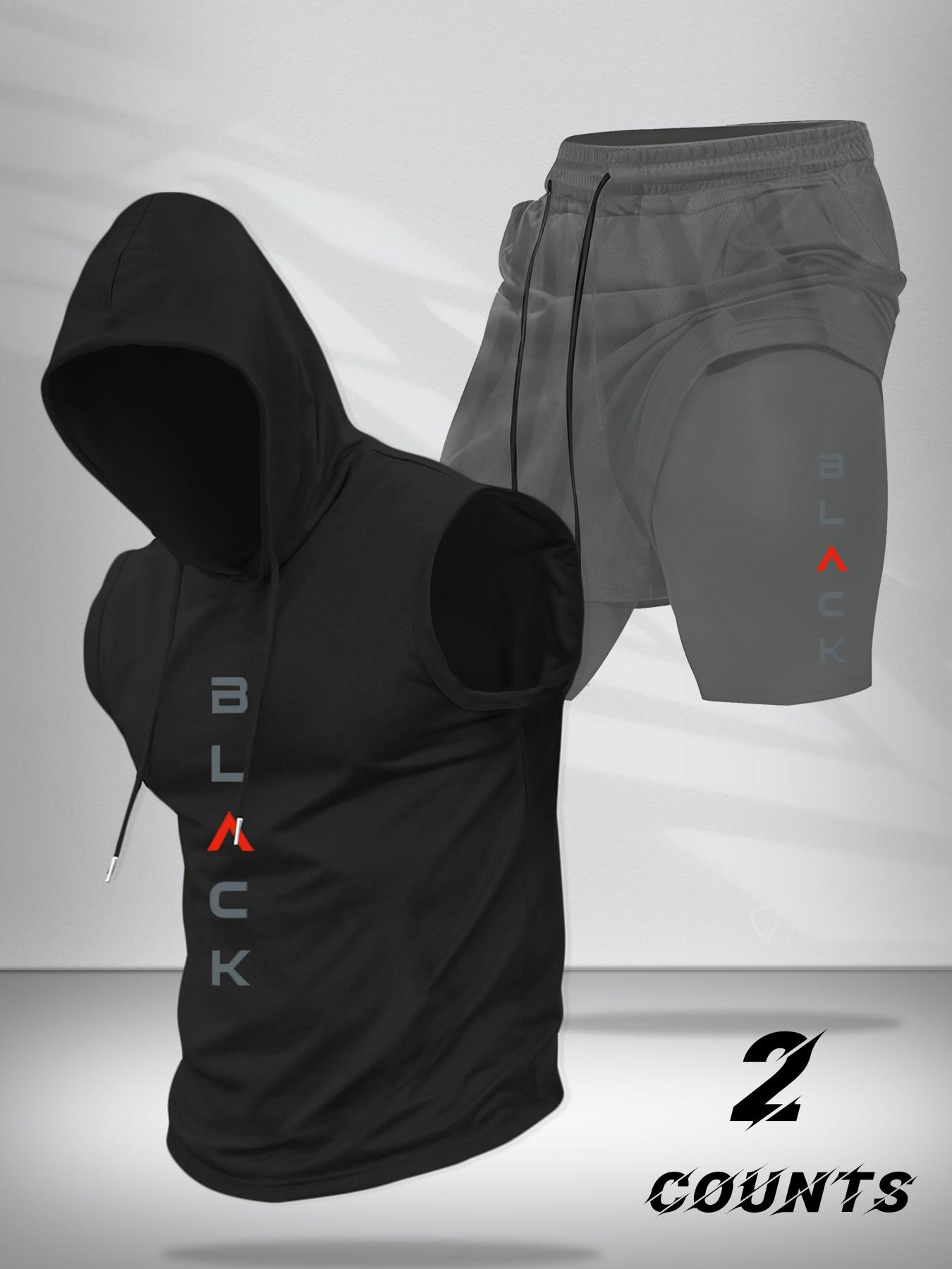 Two-Piece Set Men's Hooded Tank Top & Shorts Set, Regular Fit Casual Pullover Hoodie & Shorts, Men's Two-piece Outfits for Daily Wear, Casual Gym Wear
