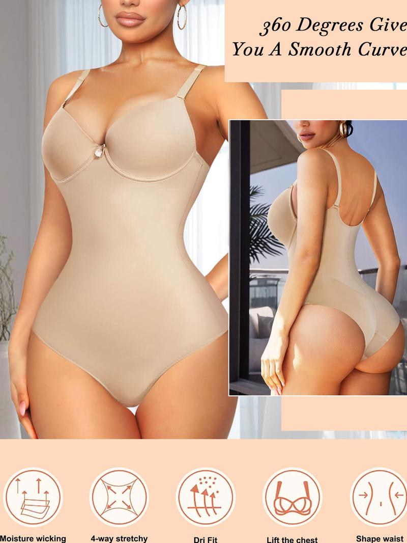 Women's Plain Bow Decor Cami Shapewear Bodysuit, Adjustable Strap Tummy Control Thong Shaper, Ladies Body Shapewear