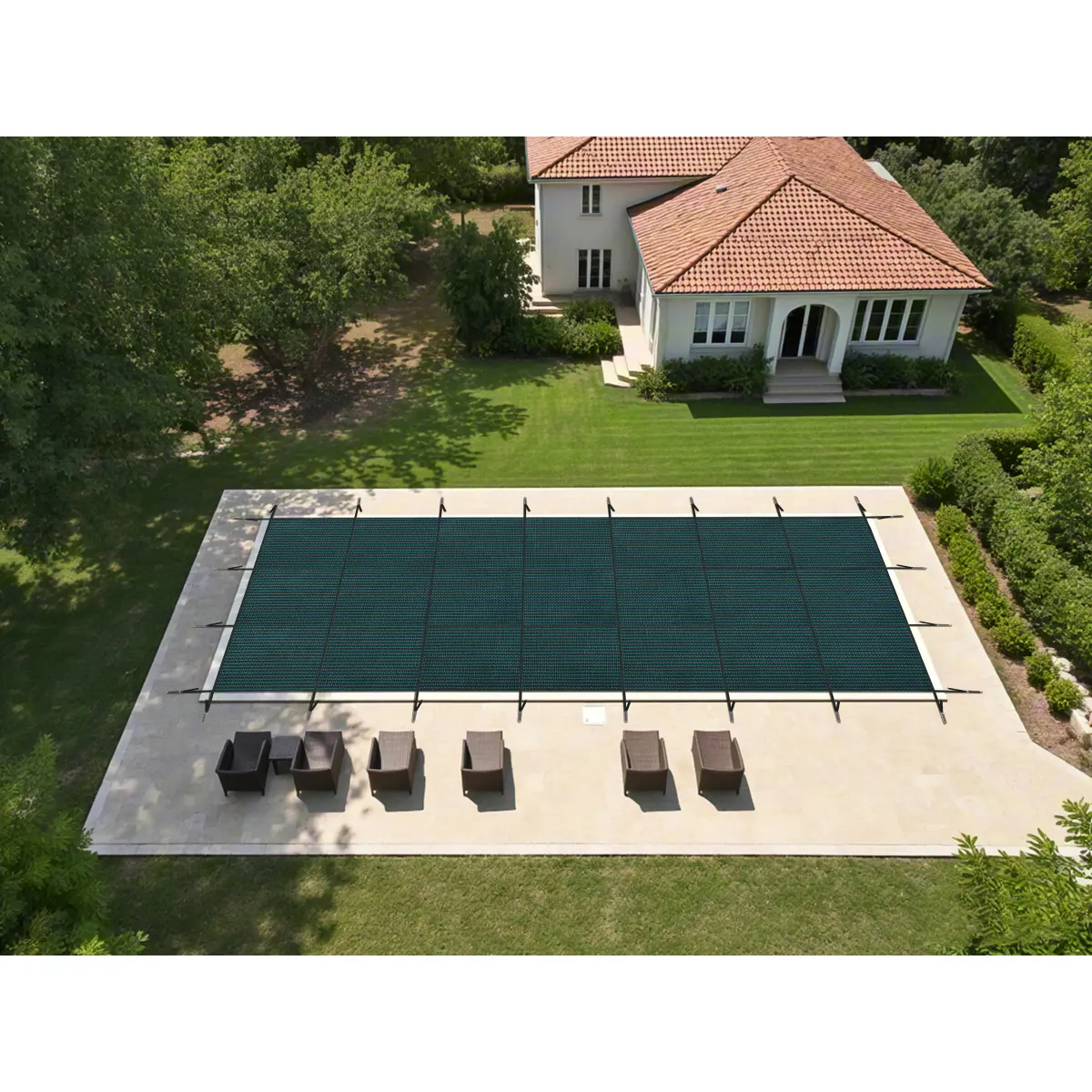 28x48 ft In-Ground Rectangular Swimming Pool Safety Cover - Heavy-Duty Triple-Stitched High-Strength Mesh PP, Abrasion-Resistant, Includes Installation Hardware