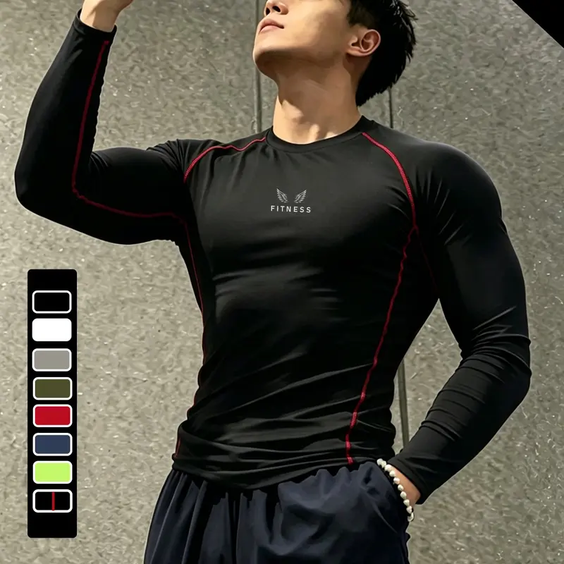 Men's Printed Quick-Dry Compression Workout Shirts Fitness Training Shirt, Long-Sleeve Tight T-Shirt in Moisture-Wicking High-Elastic Fabric, Gym and Yoga Fitness Activewear Clothing for All-Season Wear