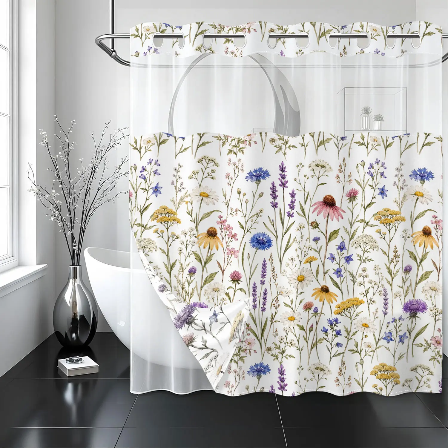Bohe Wildflower Hookless Shower Curtain Set | Double Layer with Detachable Waterproof Liner & Sheer Window | Snap On Fabric Bohemian Floral Bath Decor with Weighted Magnets 71x74" Shower Curtain And Liner Set
