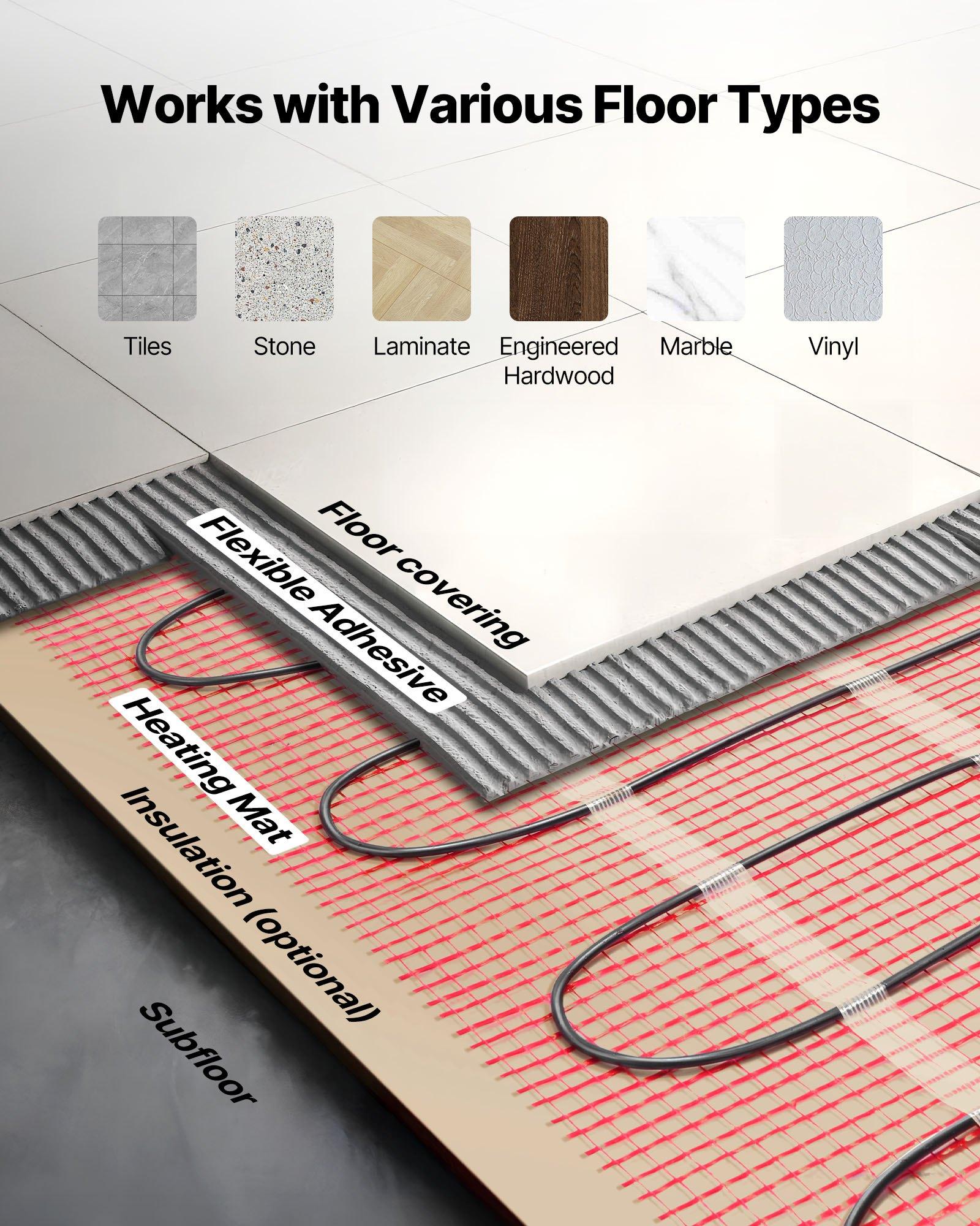 VEVOR 70 sqft Self-Adhesive Mesh Floor Heating Mat System, 120V Electric Radiant Heated Floor System, with Smart Control Thermostat & Alarm, Easy Installation for Tile, Stone, Vinyl VEVOR 70 sqft Self-Adhesive Mesh Floor Heating Mat System, 120V Electric Radiant Heated Floor System, with Smart Control Thermostat & Alarm, Easy Installation for Tile, Stone, Vinyl