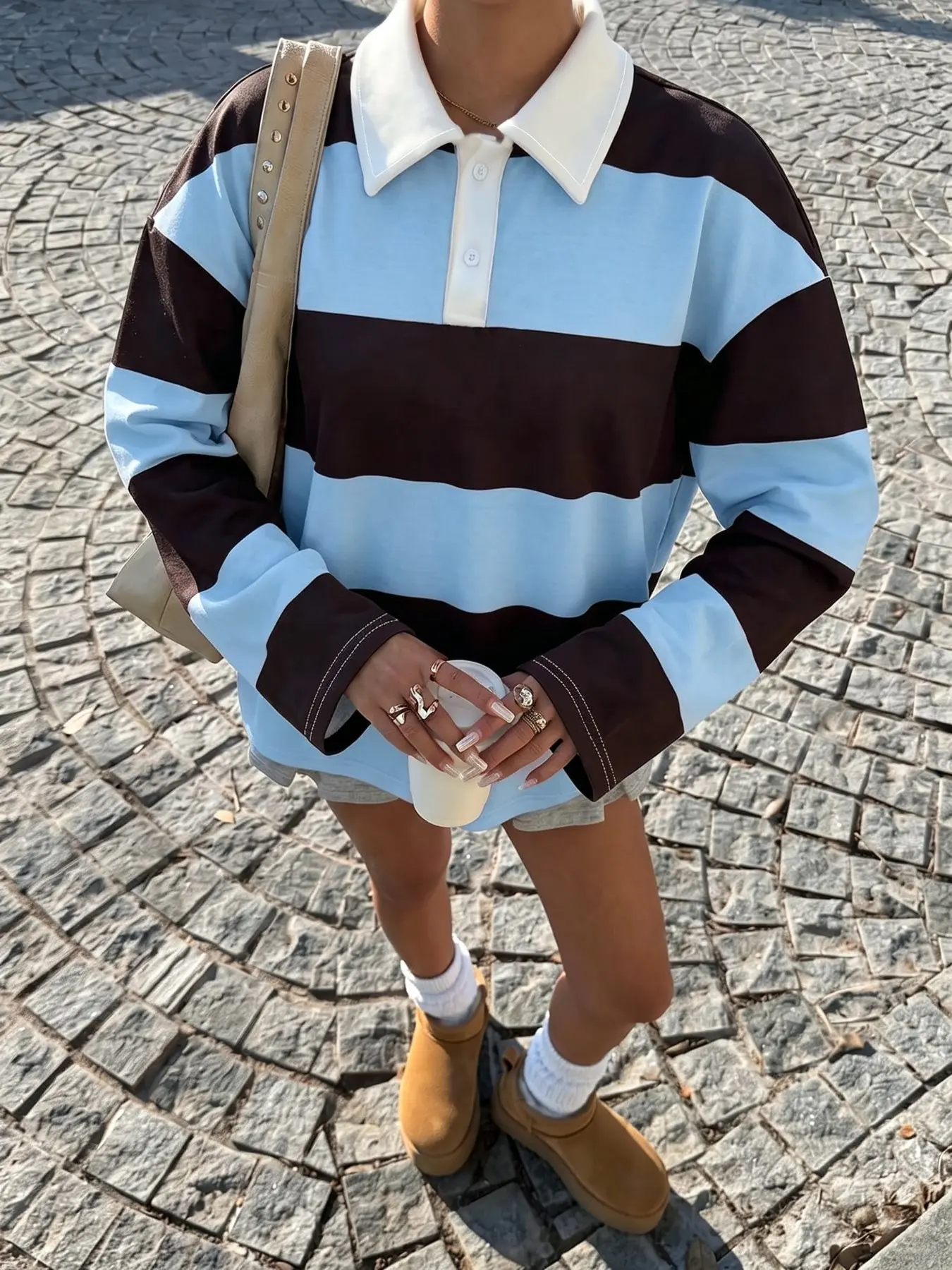 Women's Loose Fit Retro Striped Polo Shirt, Long Sleeve Casual Top, Comfortable Fabric, Fashionable Fall Apparel, Daily Wear or Sports