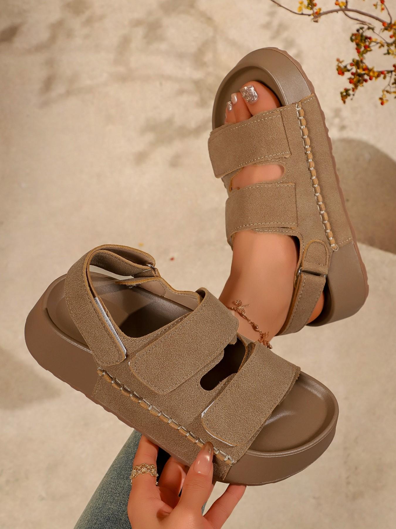 Summer Boken Thick Sole Sandals for Women, 2026 New Velcro Platform Shoes, Vintage Textured Heel, Casual Beach Footwear