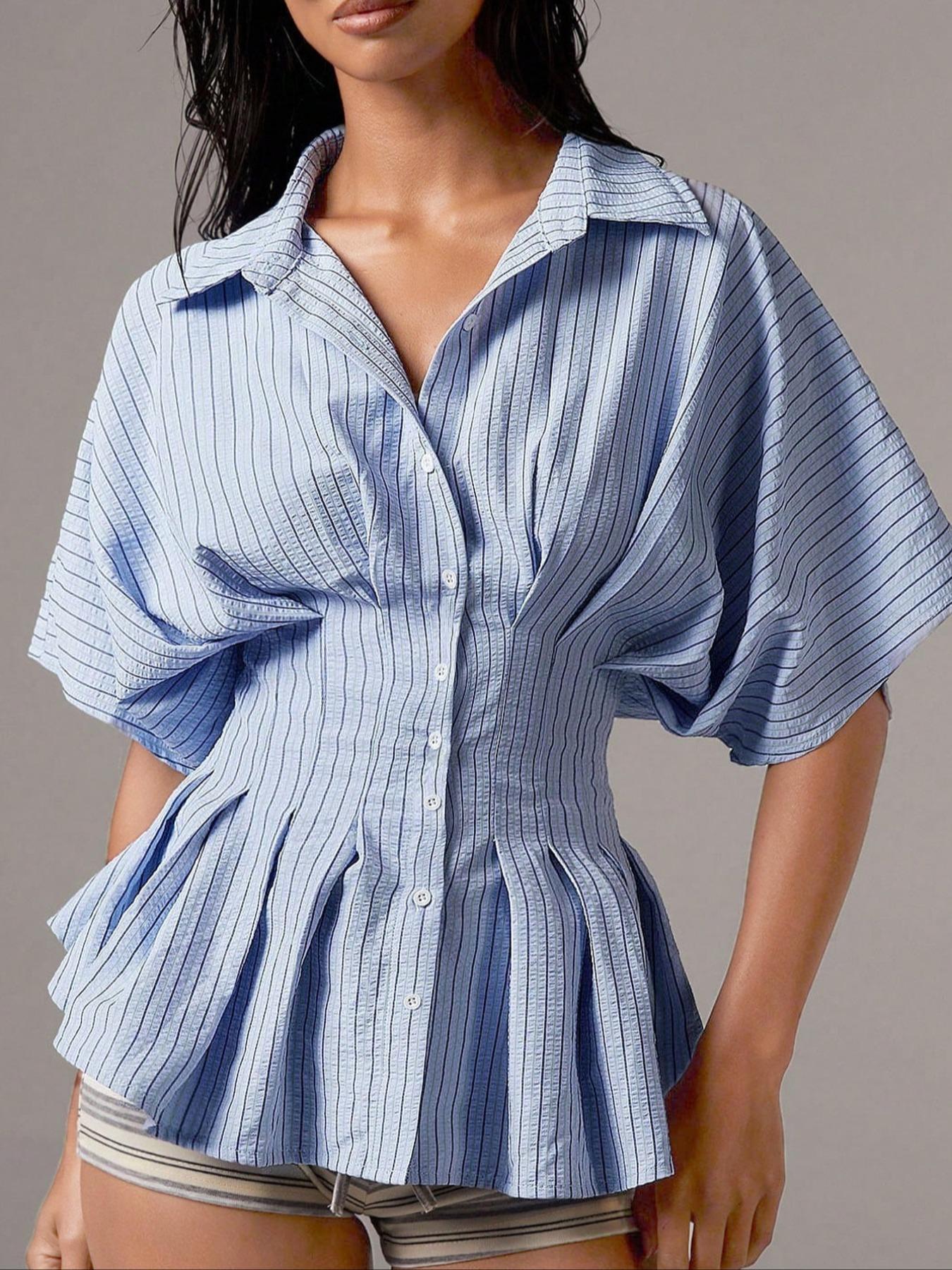 Women's Striped Aesthetic Shirt Blouse, Casual Short Batwing Sleeve Collar Top for Daily Wear, Ladies Clothes for Work Office Business Womenswear Women's Striped Aesthetic Shirt Blouse, Casual Short Batwing Sleeve Collar Top for Daily Wear, Ladies Clothes for Work Office Business Womenswear
